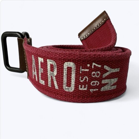Aero Red Adjustable Canvas Belt 2 Rectangle Ring Buckle OS Aeropostale 1.75" Y2K - Picture 1 of 9